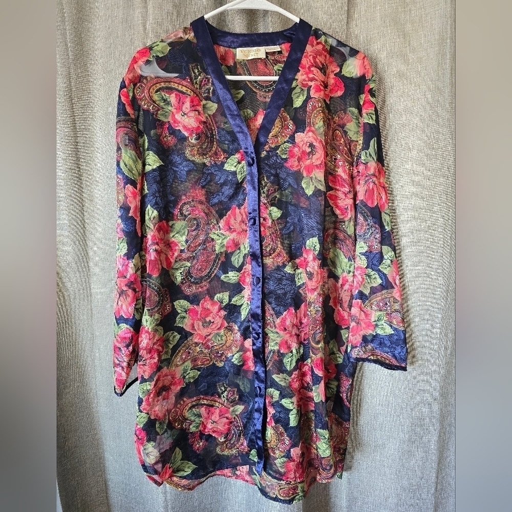 Vntg Victoria's Secret Gold Label Floral Sheer Satin Tunic Nighty Sleep Shirt S